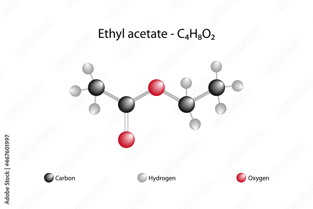 Molecular formula of ethyl acetate. Ethyl acetate organic compound. This colorless liquid compound has a sweet odor similar to pear juice, such as some adhesives and acetone.