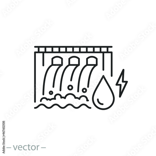 hydroelectric power plant icon, modern hydropower, dam outline,  water energy, electricity water turbine, thin line symbol - editable stroke vector illustration photo