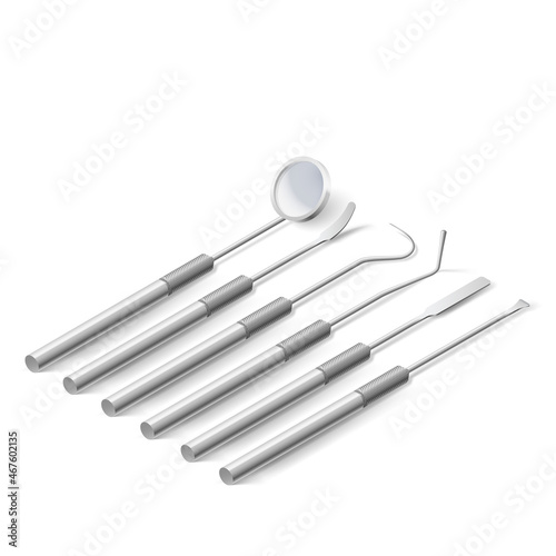 Basic Dentist Instruments and Tools. A Set of Metal Medical Equipment for Teeth Dental Care. Dental Hygiene and Healthcare Concept on White Background