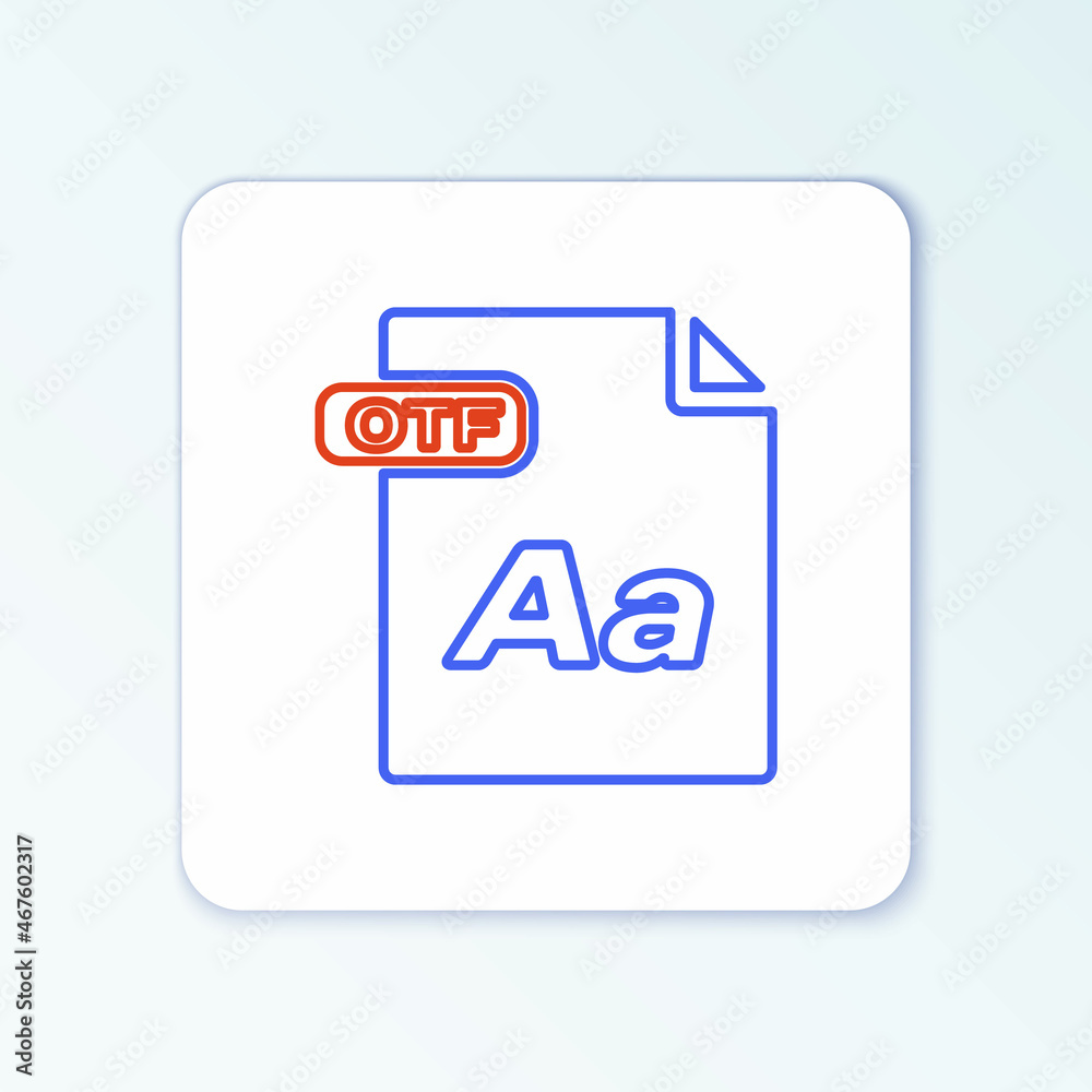 Line OTF file document. Download otf button icon isolated on white background. OTF file symbol. Colorful outline concept. Vector Line OTF file document. Download otf button icon isolated on white background. OTF file symbol. Colorful outline concept. Vector
