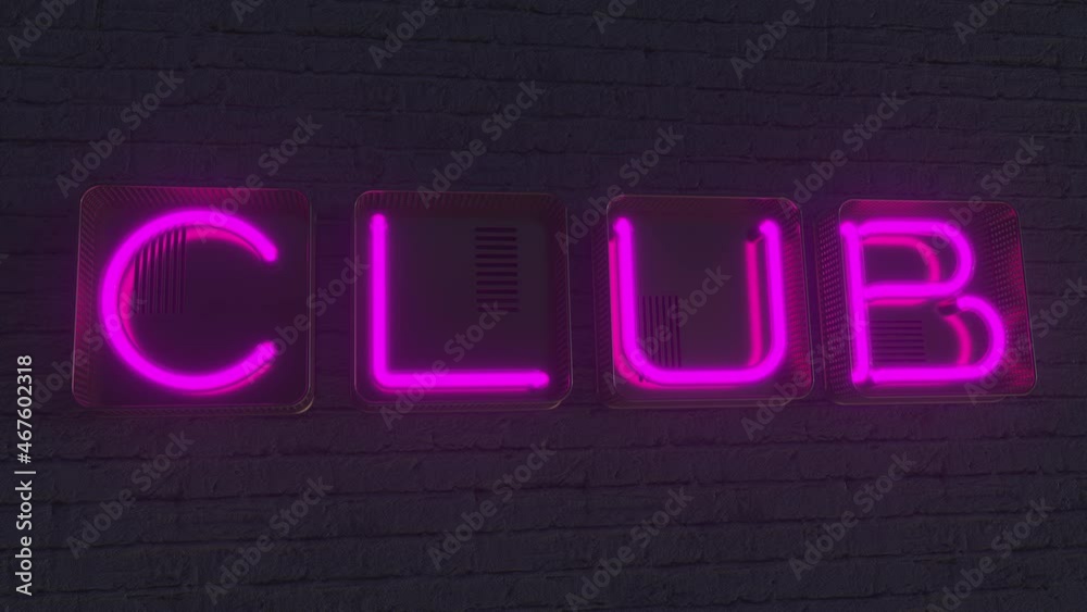 CLUB signboard made with glowing neon letters in the dark. 3D animation CLUB signboard made with glowing neon letters in the dark. 3D animation