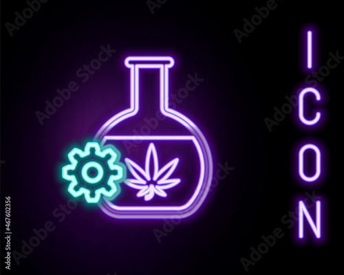Glowing neon line Chemical test tube with marijuana or cannabis leaf icon isolated on black background. Research concept. Laboratory CBD oil concept. Colorful outline concept. Vector
