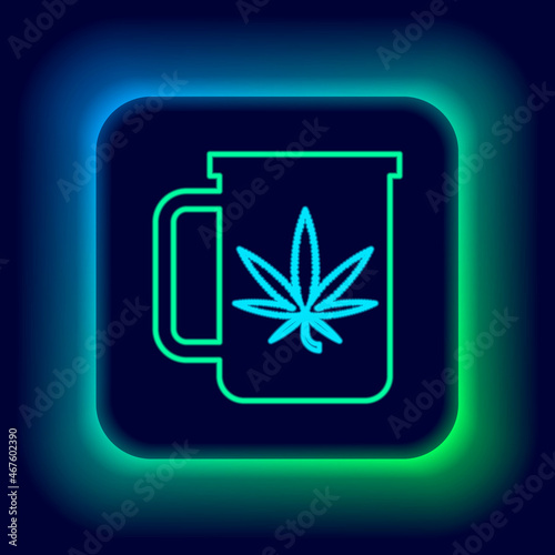 Glowing neon line Cup tea with marijuana or cannabis leaf icon isolated on black background. Marijuana legalization. Hemp symbol. Colorful outline concept. Vector