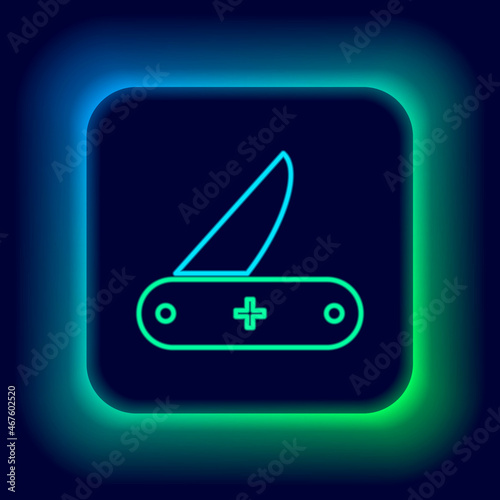 Glowing neon line Swiss army knife icon isolated on black background. Multi-tool, multipurpose penknife. Multifunctional tool. Colorful outline concept. Vector