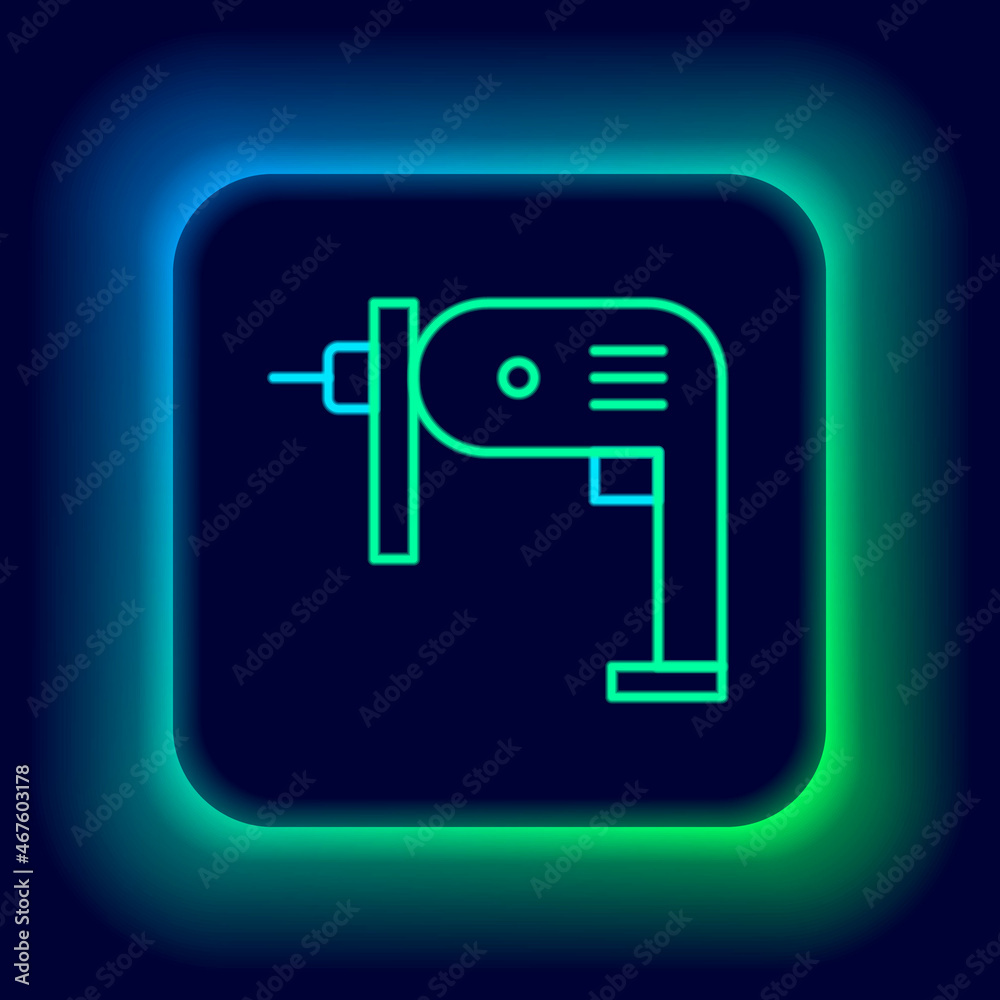 Glowing neon line Electric drill machine icon isolated on black background. Repair tool. Colorful outline concept. Vector