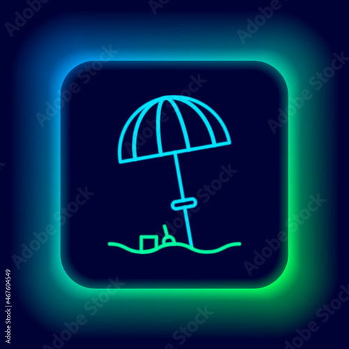 Glowing neon line Sun protective umbrella for beach icon isolated on black background. Large parasol for outdoor space. Beach umbrella. Colorful outline concept. Vector