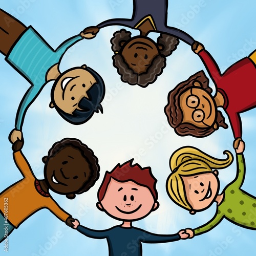 Illustration of multinational group of smiling kids in a circle representing friendship by holding hands in front of the sky 