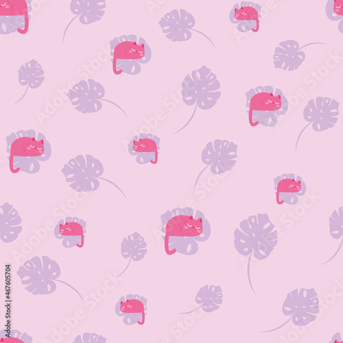 The cat sleeps on a plant leaf. Seamless vector pattern. Children's funny drawing, for printing on fabric, wallpaper, bedding, paper, postcards