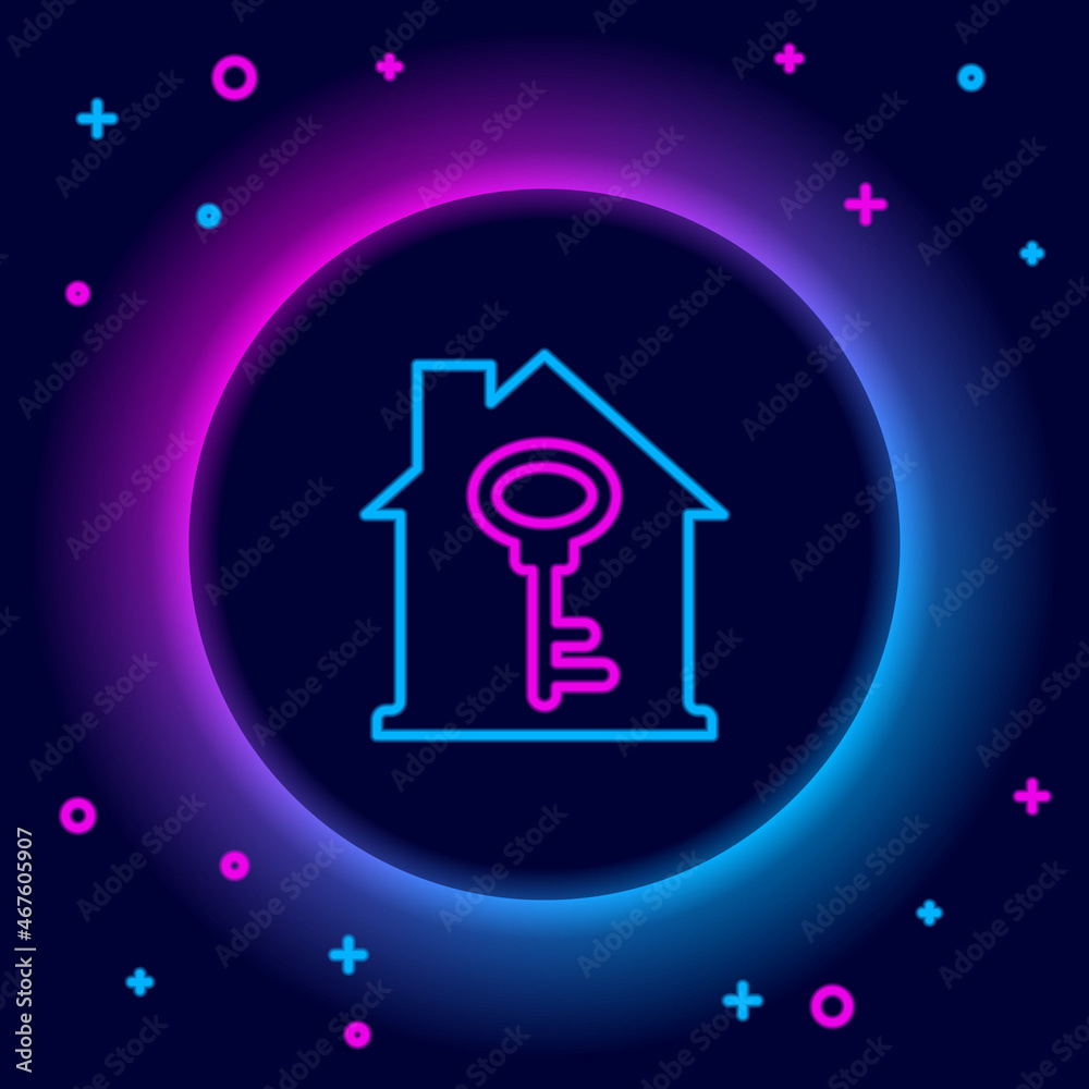 Glowing neon line House with key icon isolated on black background. The concept of the house turnkey. Colorful outline concept. Vector Glowing neon line House with key icon isolated on black background. The concept of the house turnkey. Colorful outline concept. Vector