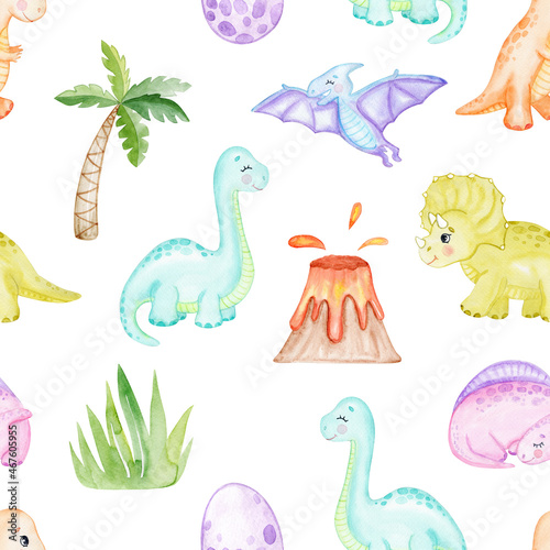 watercolor cute dinosaurs and palms seamless pattern on white background.
