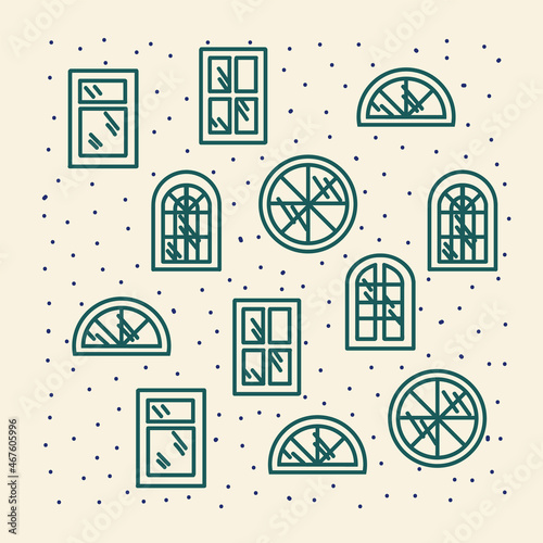 Pattern with various wooden window frames. Cartoon backing with doodle-style glass for a poster. Beautiful background for textiles. Vector illustration