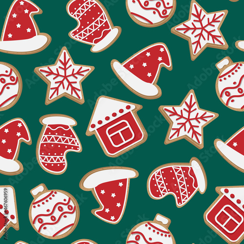 Vector seamless pattern. Red, white Christmas cookies isolated on green background.