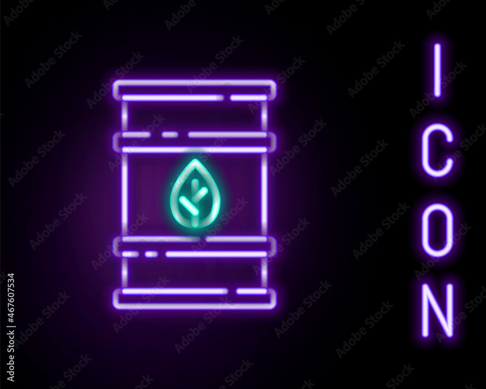 Glowing neon line Bio fuel barrel icon isolated on black background. Eco bio and canister. Green environment and recycle. Colorful outline concept. Vector Glowing neon line Bio fuel barrel icon isolated on black background. Eco bio and canister. Green environment and recycle. Colorful outline concept. Vector