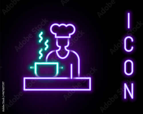 Glowing neon line Spanish cook icon isolated on black background. Colorful outline concept. Vector