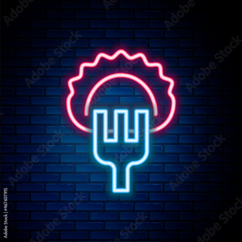 Glowing neon line Dumplings on fork icon isolated on brick wall background. Pierogi, varenyky, pelmeni, ravioli. Traditional Ukrainian food. Colorful outline concept. Vector