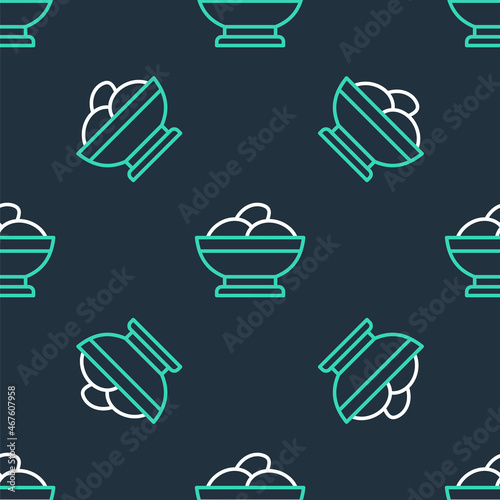 Line Varenyky in a bowl icon isolated seamless pattern on black background. Pierogi, varenyky, dumpling, pelmeni, ravioli. Traditional Ukrainian food. Vector