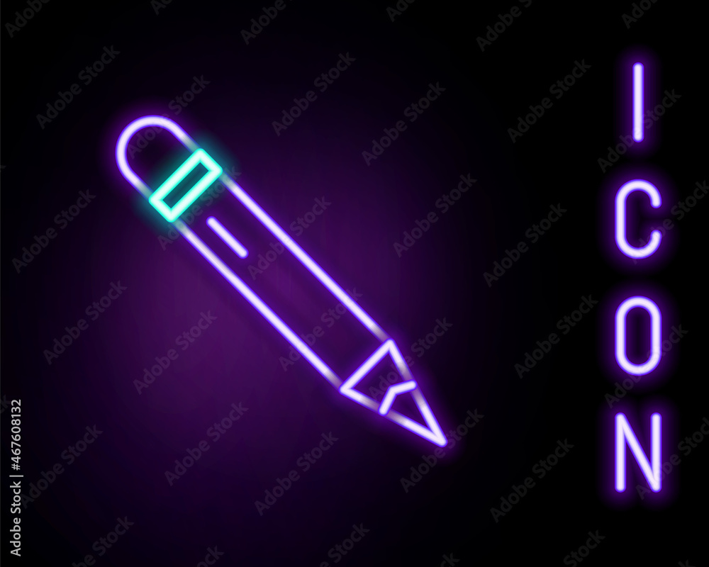 Glowing neon line Pencil with eraser icon isolated on black background. Drawing and educational tools. School office symbol. Colorful outline concept. Vector Glowing neon line Pencil with eraser icon isolated on black background. Drawing and educational tools. School office symbol. Colorful outline concept. Vector