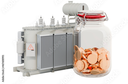 Transformer oil with glass jar full of golden coins, 3D rendering photo