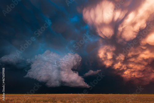Stormy sunset sky with mammatus clouds