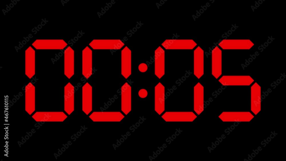 Clock timer ten-second countdown in opposite direction, digital electronic segment display, red on black Clock timer ten-second countdown in opposite direction, digital electronic segment display, red on black