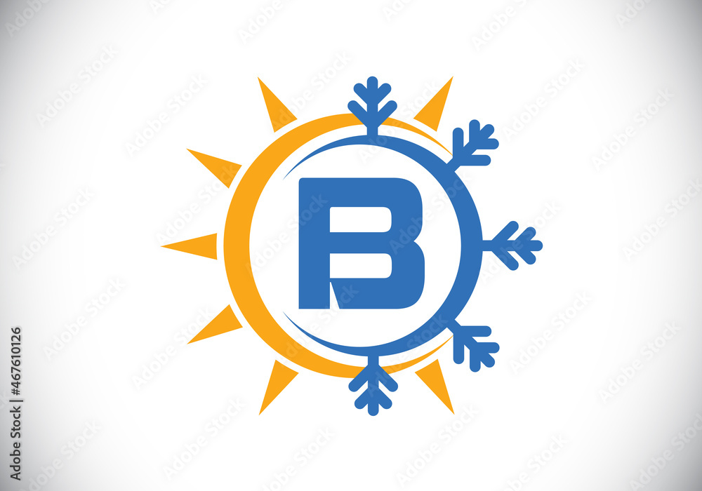 Initial B monogram alphabet with abstract sun and snow. Air conditioner