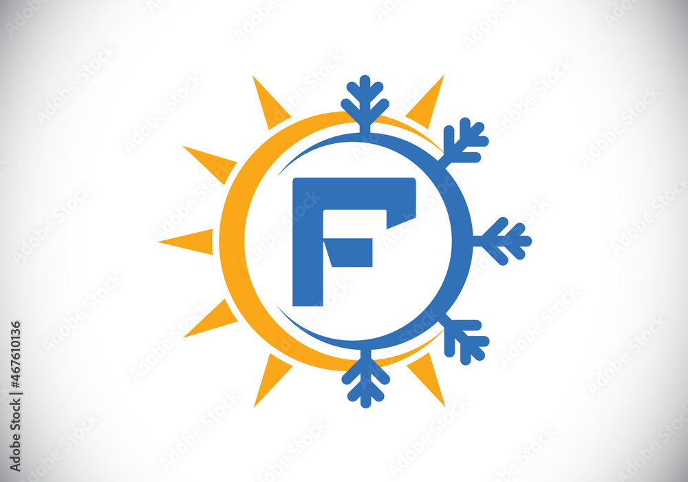 Initial F monogram alphabet with abstract sun and snow. Air conditioner