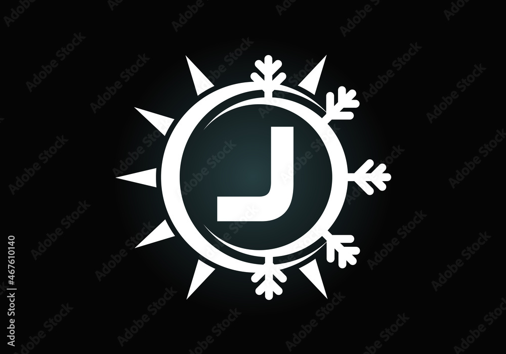 Initial J monogram alphabet with abstract sun and snow. Air conditioner logo sign symbol. Hot and cold symbol. Modern vector logo for conditioning business and company identity