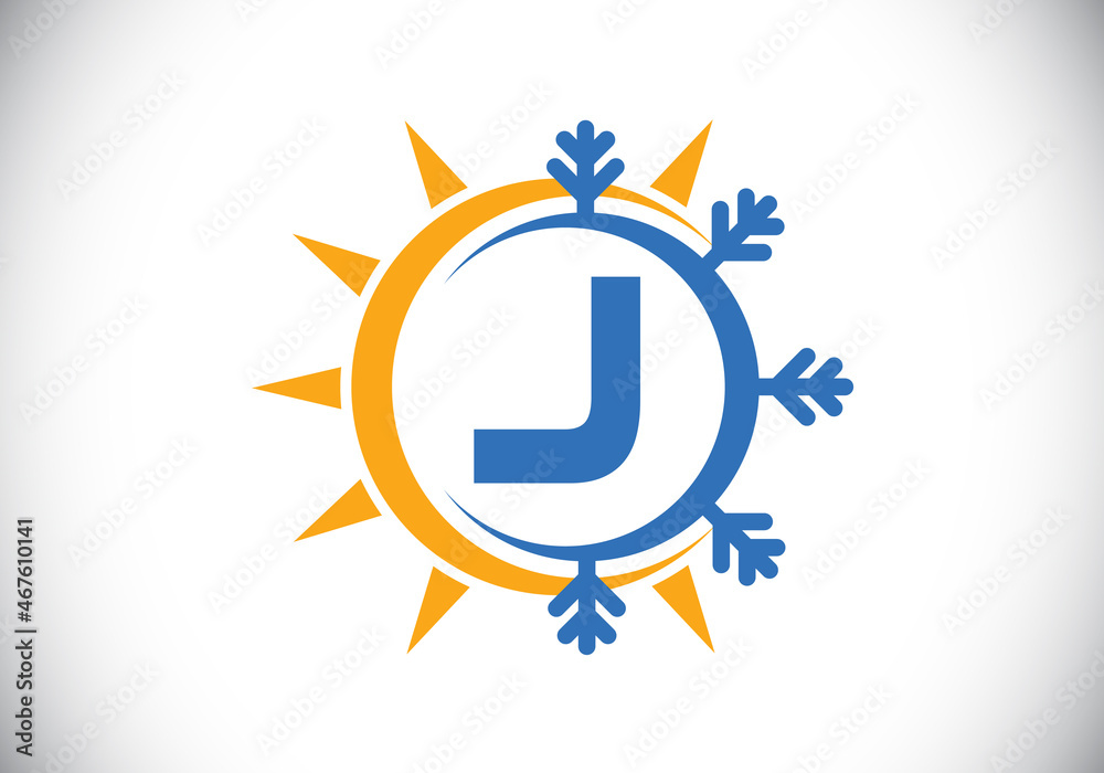 Initial J monogram alphabet with abstract sun and snow. Air conditioner