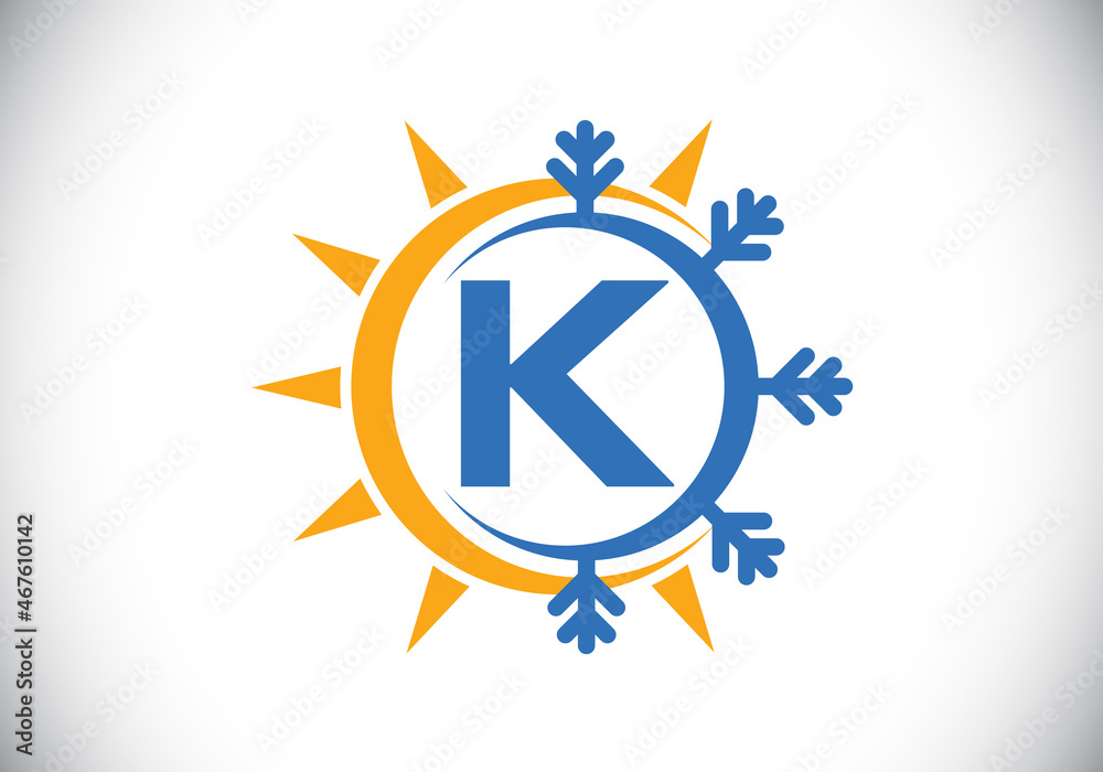Initial K monogram alphabet with abstract sun and snow. Air conditioner logo sign symbol. Hot and cold symbol. Modern vector logo for conditioning business and company identity Initial K monogram alphabet with abstract sun and snow. Air conditioner logo sign symbol. Hot and cold symbol. Modern vector logo for conditioning business and company identity