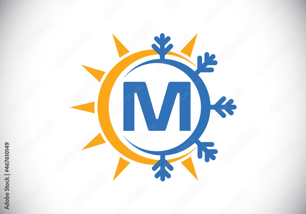 Initial M monogram alphabet with abstract sun and snow. Air conditioner logo sign symbol. Hot and cold symbol. Modern vector logo for conditioning business and company identity Initial M monogram alphabet with abstract sun and snow. Air conditioner logo sign symbol. Hot and cold symbol. Modern vector logo for conditioning business and company identity