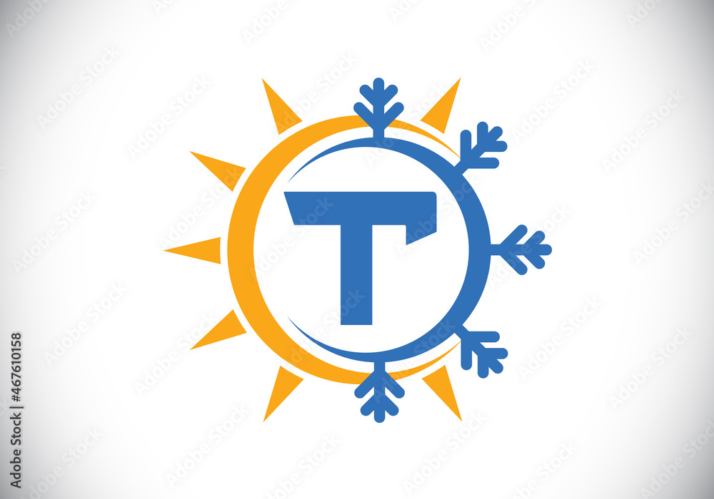 Initial T monogram alphabet with abstract sun and snow. Air conditioner logo sign symbol. Hot and cold symbol. Modern vector logo for conditioning business and company identity