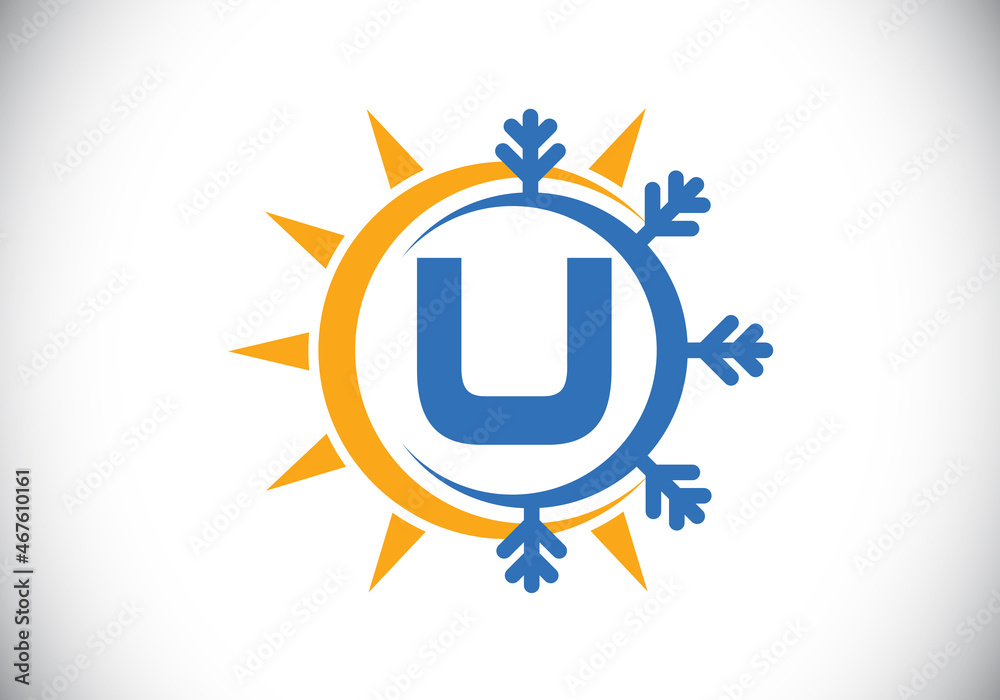 Initial U monogram alphabet with abstract sun and snow. Air conditioner logo sign symbol. Hot and cold symbol. Modern vector logo for conditioning business and company identity