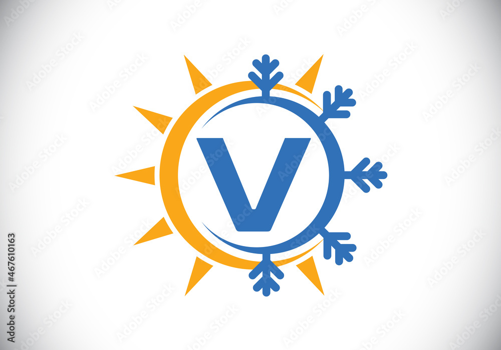 Initial V monogram alphabet with abstract sun and snow. Air conditioner logo sign symbol. Hot and cold symbol. Modern vector logo for conditioning business and company identity Initial V monogram alphabet with abstract sun and snow. Air conditioner logo sign symbol. Hot and cold symbol. Modern vector logo for conditioning business and company identity
