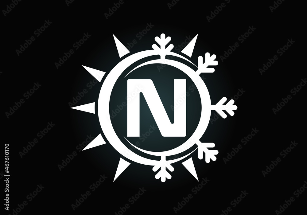 Initial N monogram alphabet with abstract sun and snow. Air conditioner logo sign symbol. Hot and cold symbol. Modern vector logo for conditioning business and company identity