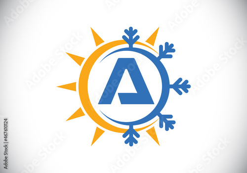 Initial A monogram alphabet with abstract sun and snow. Air conditioner logo sign symbol. Hot and cold symbol. Modern vector logo for conditioning business and company identity