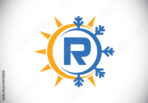 Initial R monogram alphabet with abstract sun and snow. Air conditioner logo sign symbol. Hot and cold symbol. Modern vector logo for conditioning business and company identity