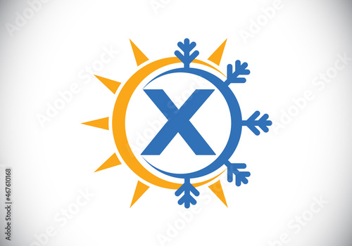 Initial X monogram alphabet with abstract sun and snow. Air conditioner logo sign symbol. Hot and cold symbol. Modern vector logo for conditioning business and company identity