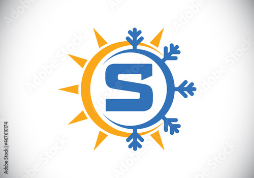 Initial S monogram alphabet with abstract sun and snow. Air conditioner logo sign symbol. Hot and cold symbol. Modern vector logo for conditioning business and company identity