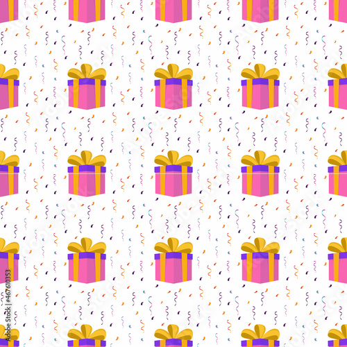 Happy birthday pattern with presents and confetti.