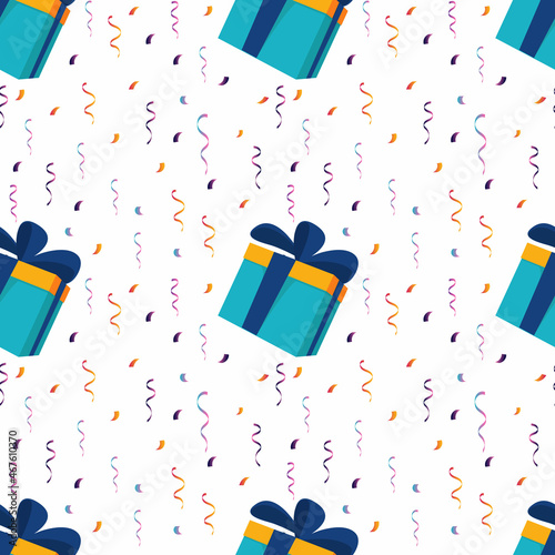 Happy birthday pattern with presents and confetti.