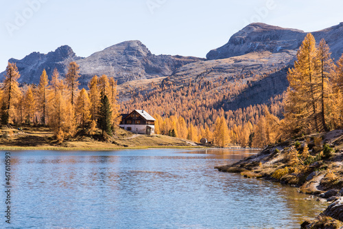 Idyllic scene of Lago di Federa near Cortina d'Ampezzo during autumn