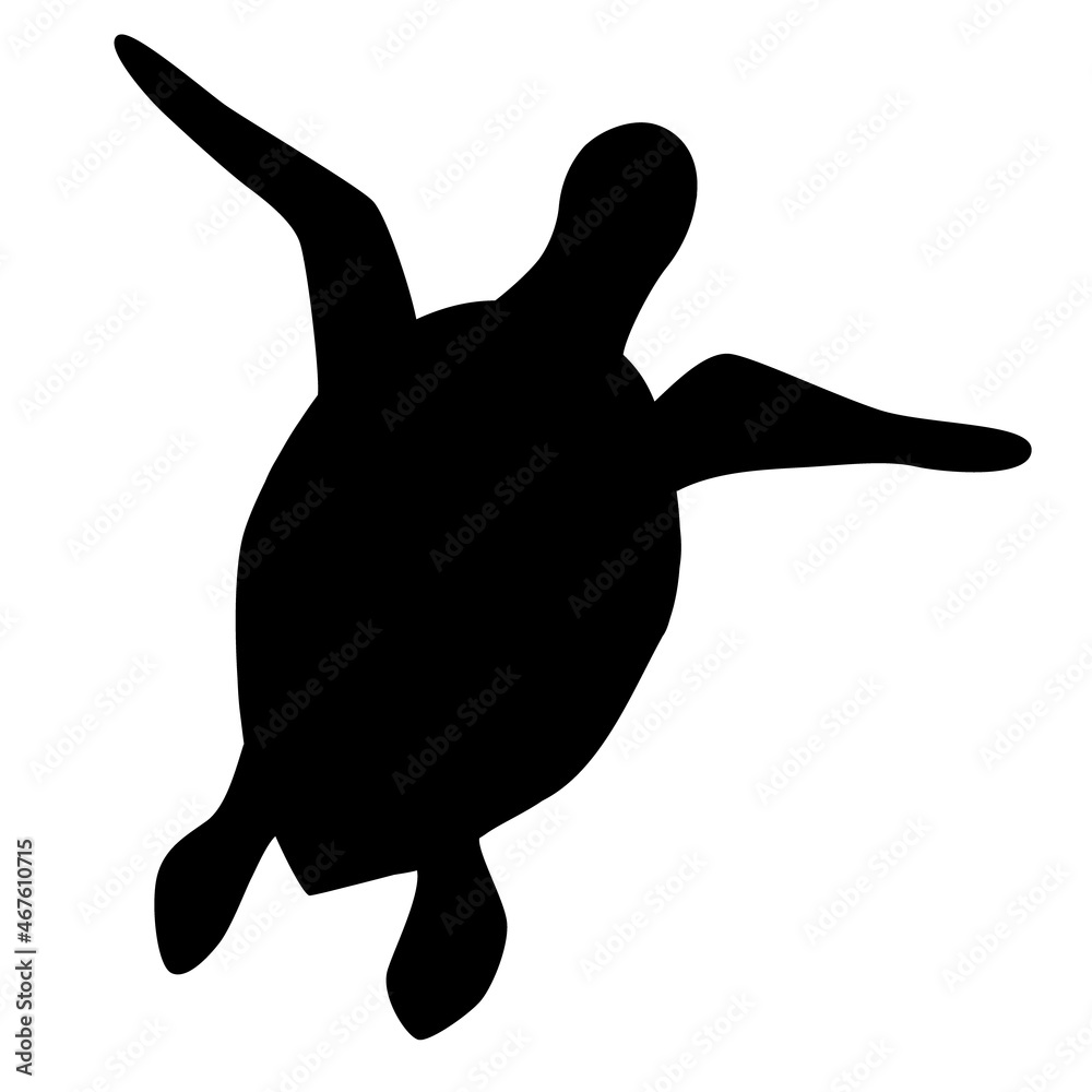 Black silhouette of a sea turtle isolated on a white background. View ...