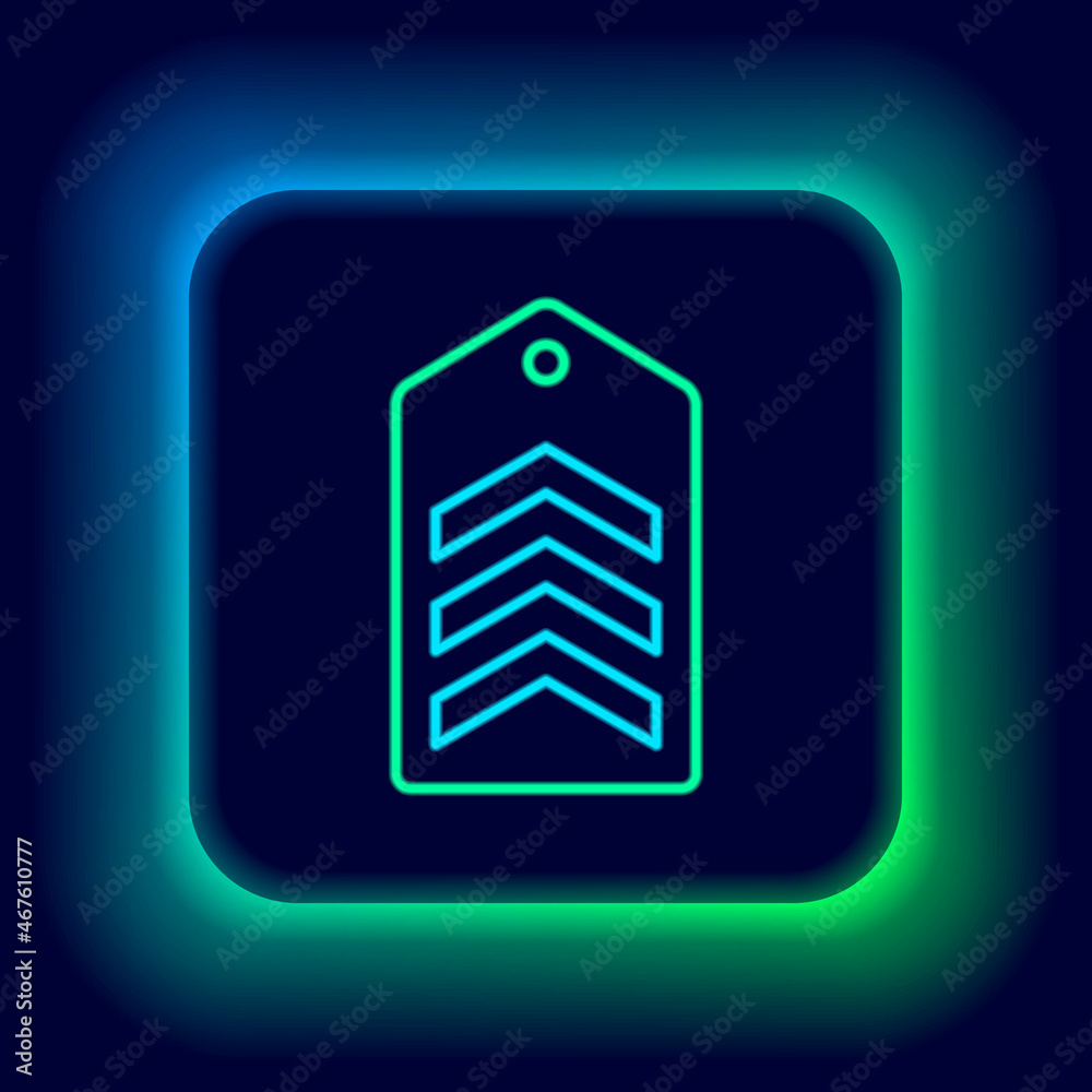 Glowing neon line Chevron icon isolated on black background. Military badge sign. Colorful outline concept. Vector Glowing neon line Chevron icon isolated on black background. Military badge sign. Colorful outline concept. Vector