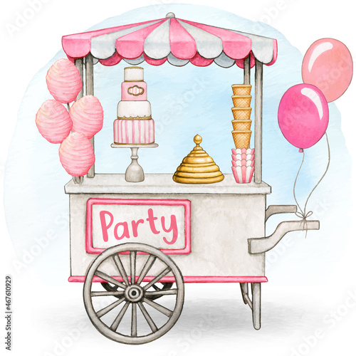 Watercolor vintage treats cart girl party