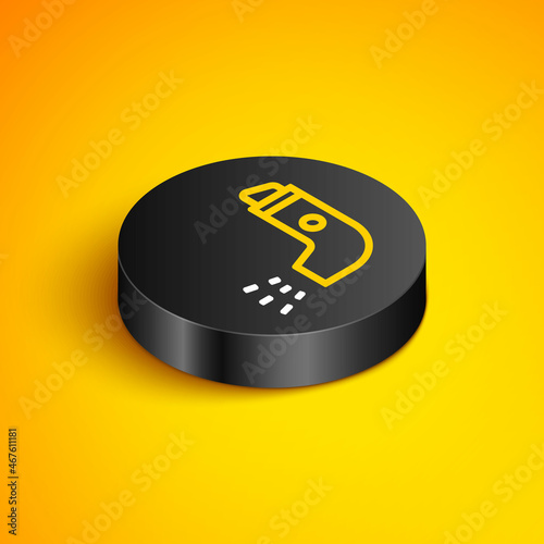 Isometric line Inhaler icon isolated on yellow background. Breather for cough relief, inhalation, allergic patient. Black circle button. Vector