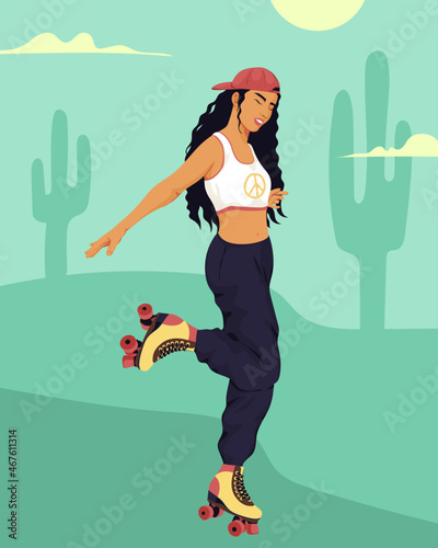 Hipster girl roller skating outdoors