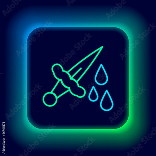 Glowing neon line Sword with blood icon isolated on black background. Medieval weapons knight and soldier. Symbol of murder. Colorful outline concept. Vector