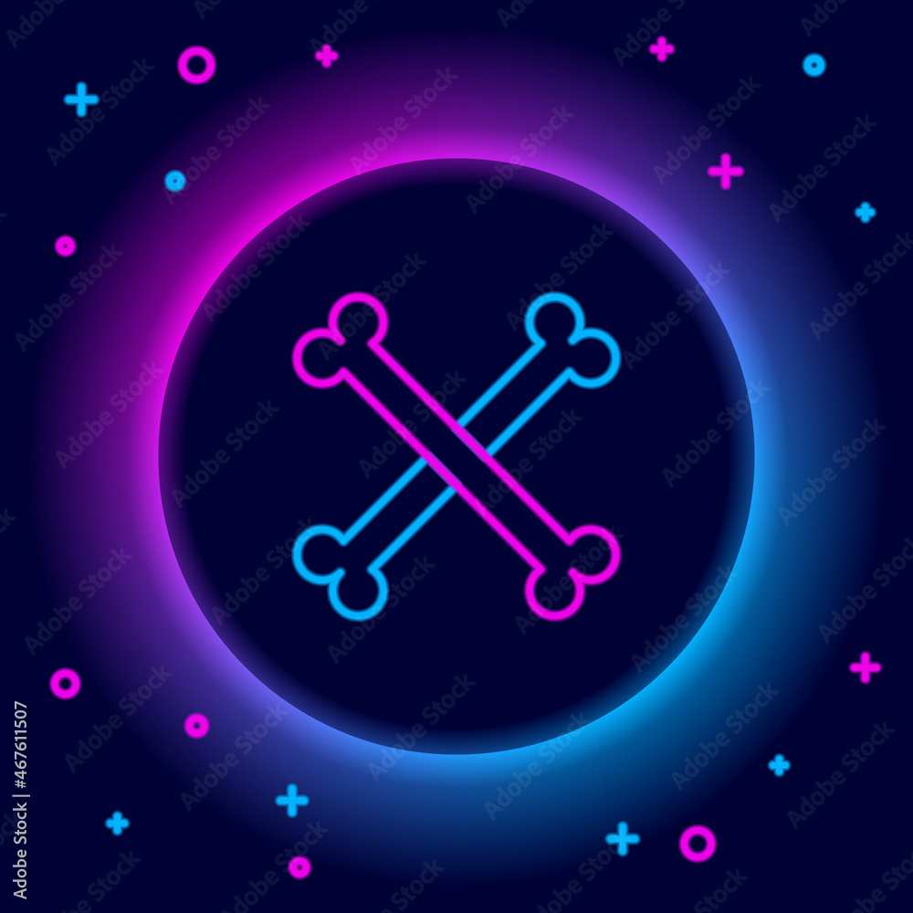Glowing neon line Crossed human bones icon isolated on black background. Colorful outline concept. Vector Glowing neon line Crossed human bones icon isolated on black background. Colorful outline concept. Vector