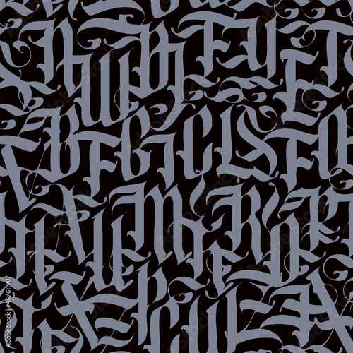 Decorative seamless pattern of capital Gothic letters in grunge style. Repeating background with grey ornate Latin letters on black backdrop. Vector texture, wallpaper, wrapping paper or fabric design