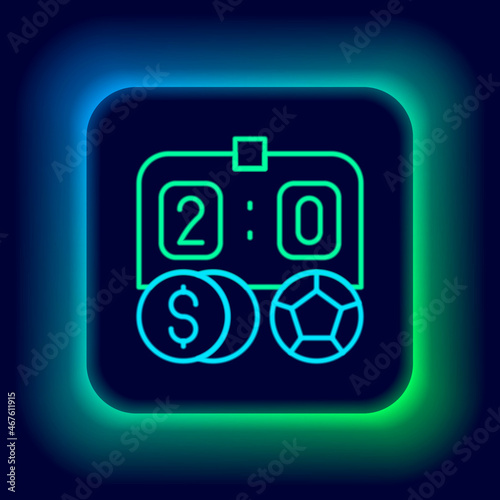 Glowing neon line Soccer football betting money icon isolated on black background. Football bet bookmaker. Soccer betting online make money. Colorful outline concept. Vector